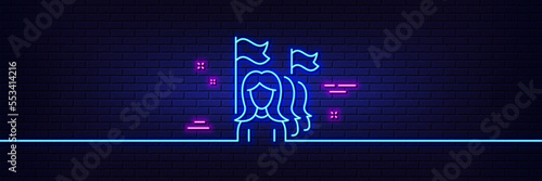 Neon light glow effect. Feminism line icon. Women protest sign. People with flags symbol. 3d line neon glow icon. Brick wall banner. Feminism outline. Vector