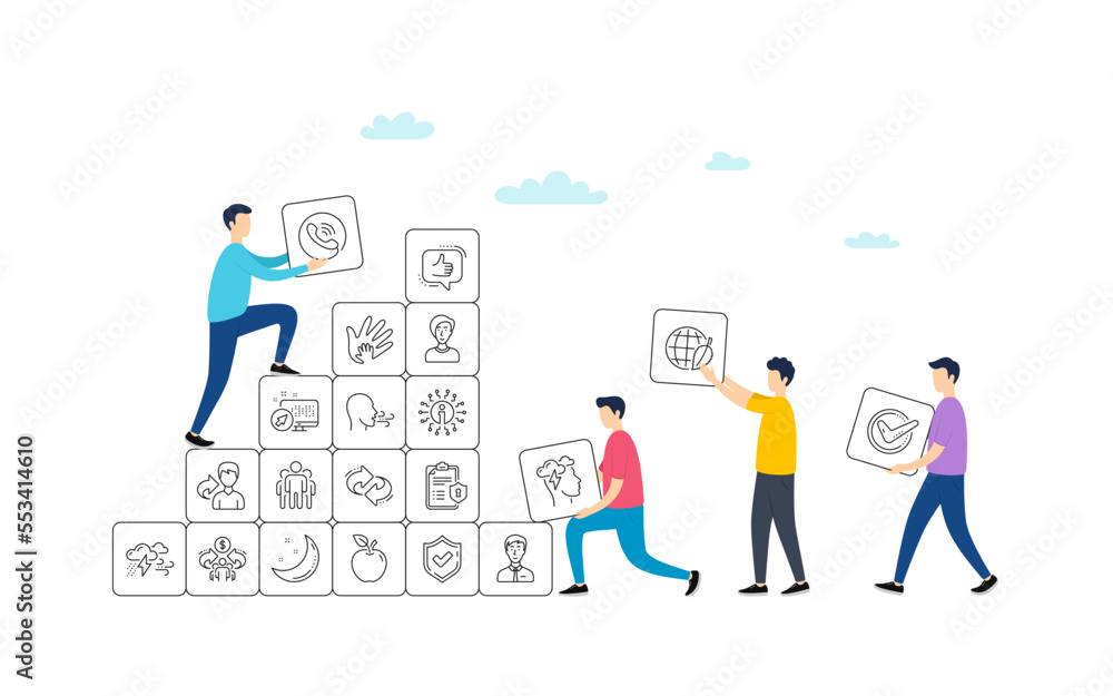 Obraz premium Check mark, Sharing economy and Mindfulness stress, Breath people line icons. People team work concept. Privacy Policy, Social Responsibility, Breath icons. Vector