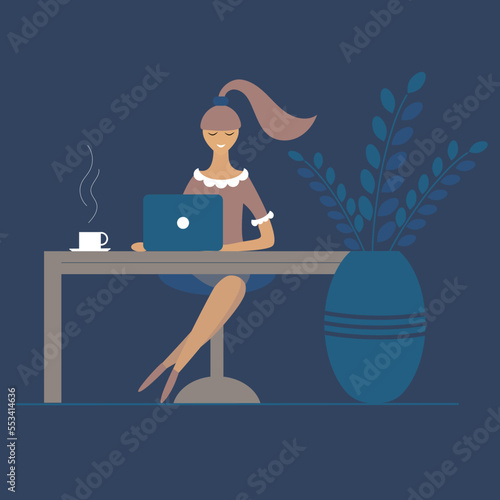 Woman with laptop computer, blue background, flat ilustration