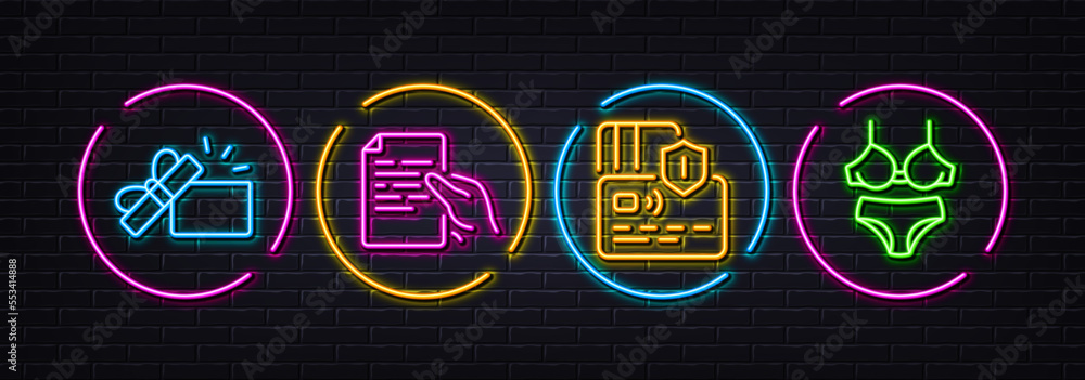 Card, Hold document and Opened gift minimal line icons. Neon laser 3d lights. Lingerie icons. For web, application, printing. Bank payment, Page file, Present box. Bra with panties. Vector Card, Hold document and Opened gift minimal line icons. Neon laser 3d lights. Lingerie icons. For web, application, printing. Bank payment, Page file, Present box. Bra with panties. Vector