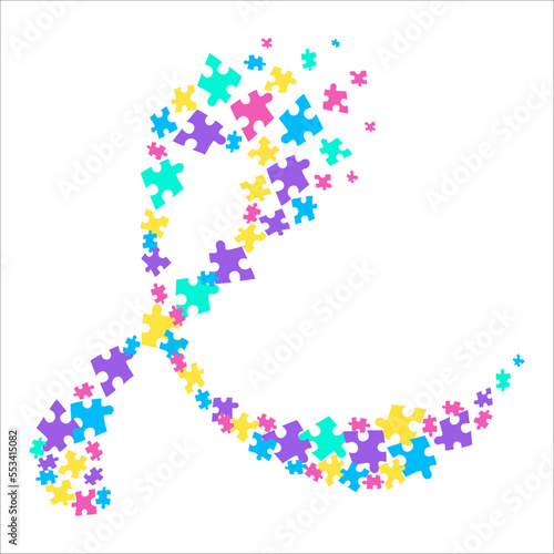 Autism awareness ribbon poster. Jigsaw puzzle pieces bow. Social interaction and communication disorder. Solidarity and support symbol. Health care concept. Vector illustration.