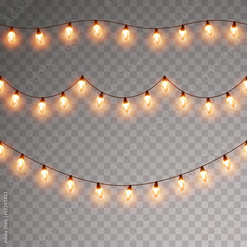 Lights bulbs seamless patterns isolated on transparent background. Glowing yellow Christmas garland strings, festival or carnival street decorations. Vector New Year party decor elements set