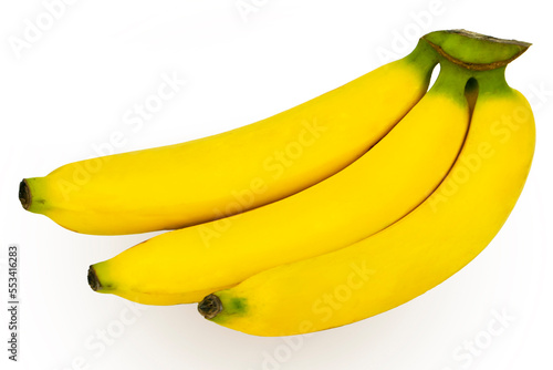 Three natural fresh bananas in tropical yellow color isolated on a beautiful white background.