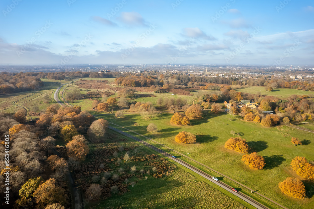 Aerial view of Richmond Park in autumn with city of London in the background.  Richmond Park, in the London Borough of Richmond upon Thames, is the largest of London's Royal Parks.