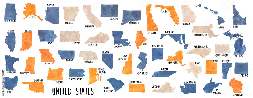 Watercolour set of 50 USA States with text signs in navy blue, bright orange and natural beige. Hand painted water color with creative brush strokes, isolated colorful clip art elements for design. Watercolour set of 50 USA States with text signs in navy blue, bright orange and natural beige. Hand painted water color with creative brush strokes, isolated colorful clip art elements for design.