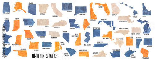 Watercolour set of 50 USA States with text signs in navy blue, bright orange and natural beige. Hand painted water color with creative brush strokes, isolated colorful clip art elements for design.