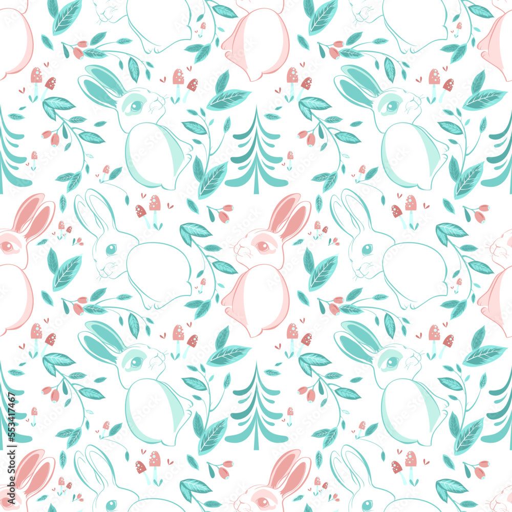 Seamless pattern with cute colorful rabbit on the background of trees and leaves . Perfect for kids apparel,fabric, textile, nursery decoration,wrapping paper