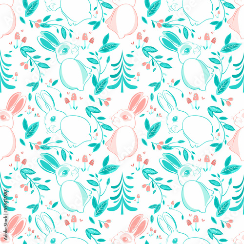 Seamless pattern with cute colorful rabbit on the background of trees and leaves . Perfect for kids apparel,fabric, textile, nursery decoration,wrapping paper