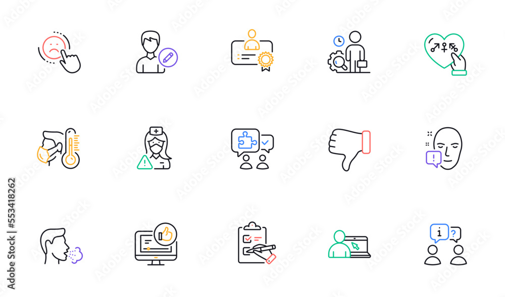Cough, Inspect and Dislike line icons for website, printing. Collection of Like video, Checklist, Nurse icons. Face attention, Edit person, Online education web elements. Dislike hand. Vector