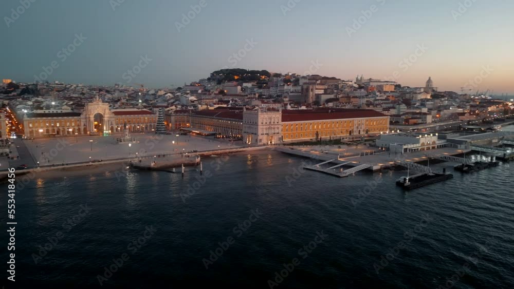 Lisbon drone aerial view morning sunrise beautiful flight over portuguese capital. City center with Praca do Comercio square and alfama district from above Lisbon drone aerial view morning sunrise beautiful flight over portuguese capital. City center with Praca do Comercio square and alfama district from above