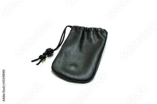 Black leather drawstring pouch mockup isolated on white background.