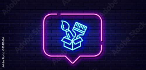 Neon light speech bubble. Paint brush line icon. Wall paintbrush box sign. Creative drawing art symbol. Neon light background. Brush glow line. Brick wall banner. Vector