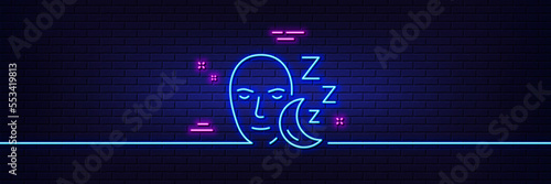 Neon light glow effect. Sleep line icon. Night rest sign. Sleeping face symbol. 3d line neon glow icon. Brick wall banner. Sleep outline. Vector