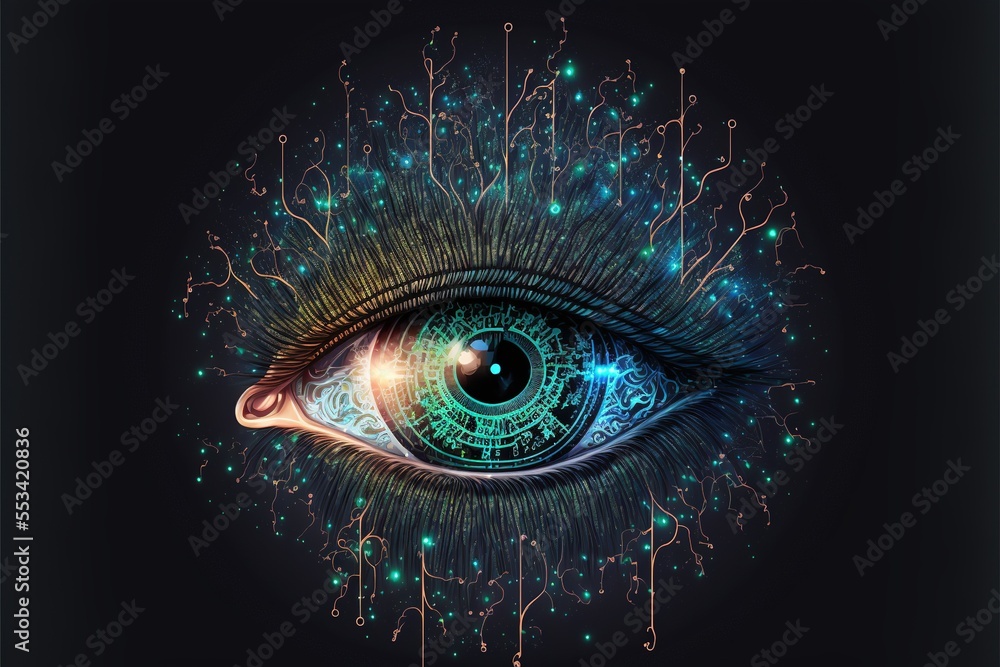Naklejka premium futuristic neural cyber eye with data and tech information Generative AI