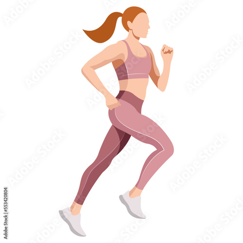 Fototapeta Naklejka Na Ścianę i Meble -  vector illustration of a beautiful slender girl in a sports uniform (leggings and a sports bra) is engaged in fitness, sports, trains isolated on a white background. woman runs. morning run. jogging.