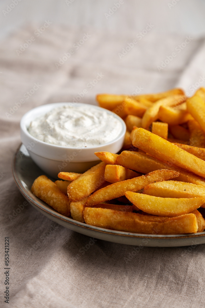 Homemade French Fries with Ranch Dressing on a Plate, side view. Homemade French Fries with Ranch Dressing on a Plate, side view.