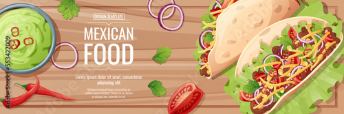 Horizontal banner with tacos with meat filling and vegetables. Tortilla stuffed with guacamole sauceTraditional Mexican food.