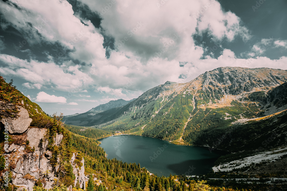 Tatra National Park, Poland. Famous Mountains Lake Morskie Oko Or Sea Eye Lake In Summer Day. Topw View Of Beautiful Tatras Lake Landscape. UNESCO's World Network of Reserves. Polish Nature.