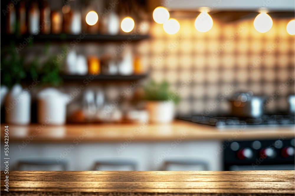 Kitchen table with blurred out of focus background for product display Kitchen table with blurred out of focus background for product display