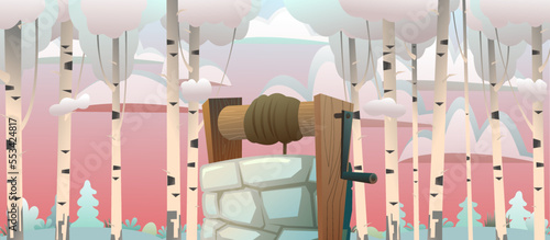 Stone well with wooden crossbar and rope for bucket. Among birches against background of snowdrifts, snow and winter landscape. Rural water source. Cartoon fun style. Flat design. Vector