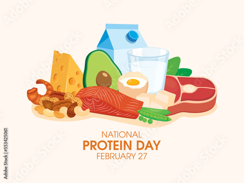 National Protein Day vector. Meat, milk, cheese, nuts and other proteins still life vector. Pile of fresh healthy foods graphic design element. February 27 every year. Important day