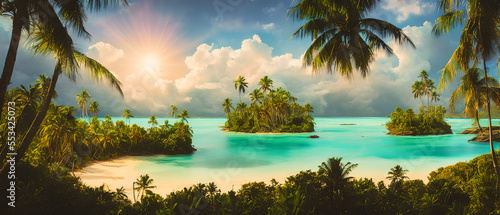 Illustration of tropical landscape in caribbean sea, Vacation background. Travel concept. Generative AI