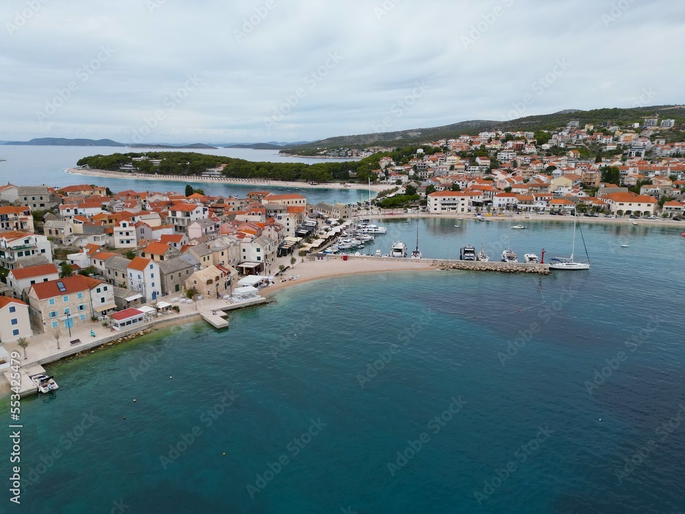 Obraz premium Primosten town and harbour Croatia drone aerial view