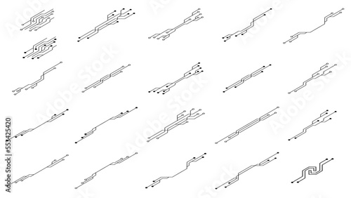 Isometric set of printed circuit board PCB tracks silhouettes isolated on white background. Technical clipart. Dividers for design. Vector element.