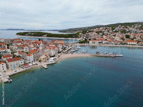 Primosten town and harbour Croatia drone aerial view