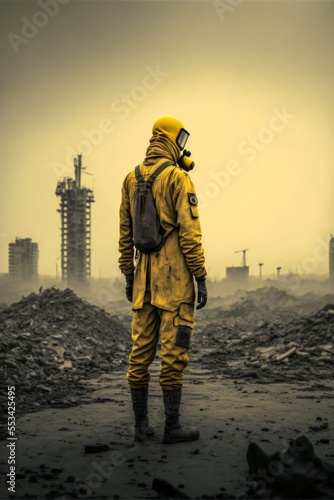 person with a yellow protective suit in a destroyed city, contaminated,irradiated,generative ai photo