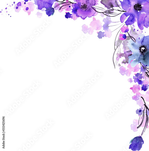 Colorful watercolor hand painted floral corner. Blue flowers 