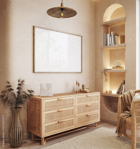 Mock up frame in home interior background, beige room with natural wooden furniture, Scandi Boho style, 3d render © artjafara