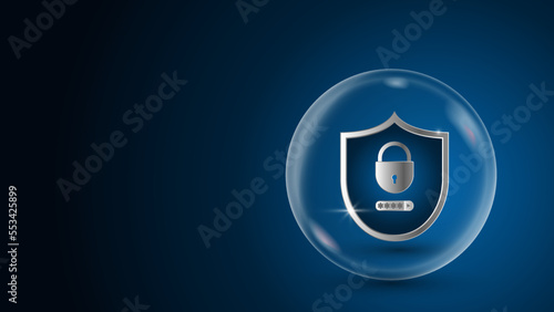 Shield and lock are protected by a protective glass sphere. Password field. Realistic security concept. 3d vector on dark blue background