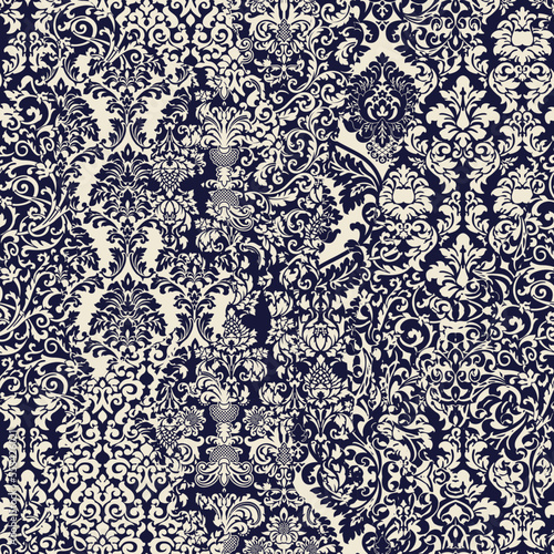 Εκτύπωση καμβά Arabesque Damask brocade ripped fabric patchwork vector seamless pattern wallpap