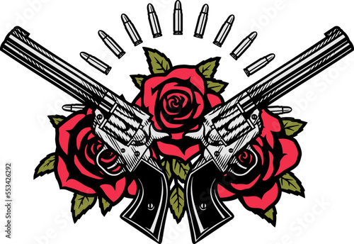 Two crossed pistols and roses. Vector illustration.