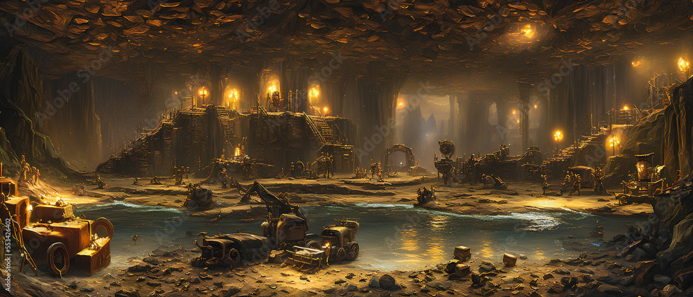 Concept painting of a open gold mine, Generative AI