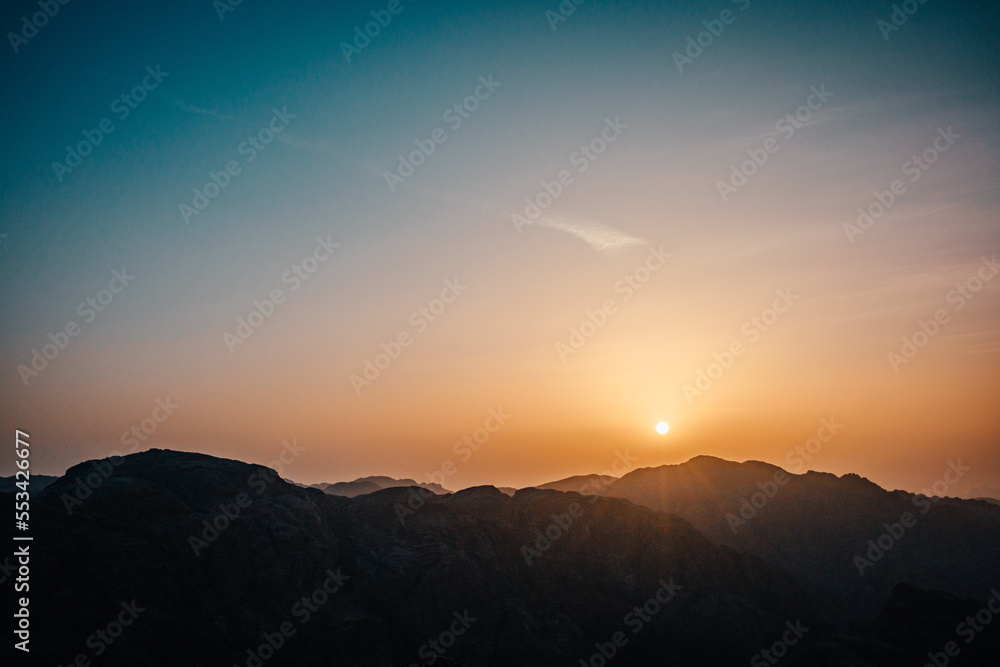 Panorama of Mount Sinai in Egypt. Dawn of the holy summit
