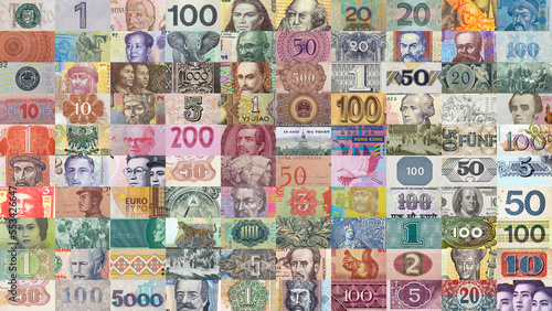 Paper cash money element collage. Currency set. Banknote background. Financial concept.