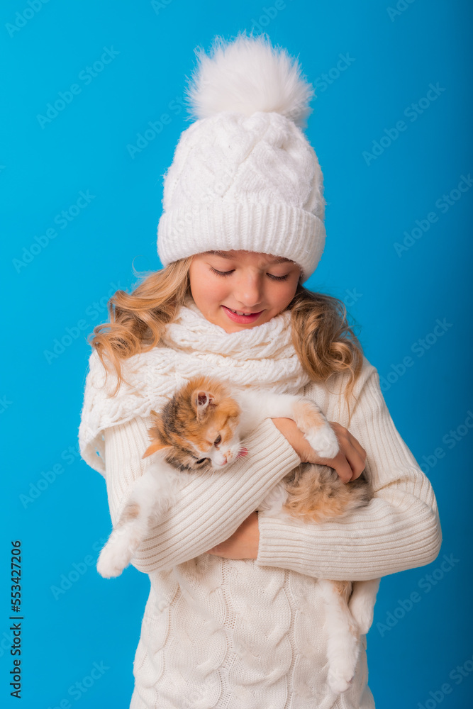 Obraz premium a cute little girl in a white knitted hat and sweater is holding a kitten on a blue background in the studio. Space for text. The concept of Christmas, the symbol of the year