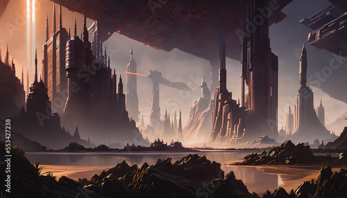 Concept painting of a futuristic landscape, Generative AI