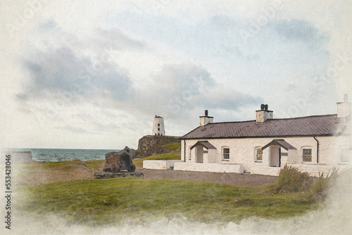 The pilot's cottages digital watercolor painting at Ynys Llanddwyn.