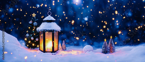 christmas lantern in the snow,Generative AI