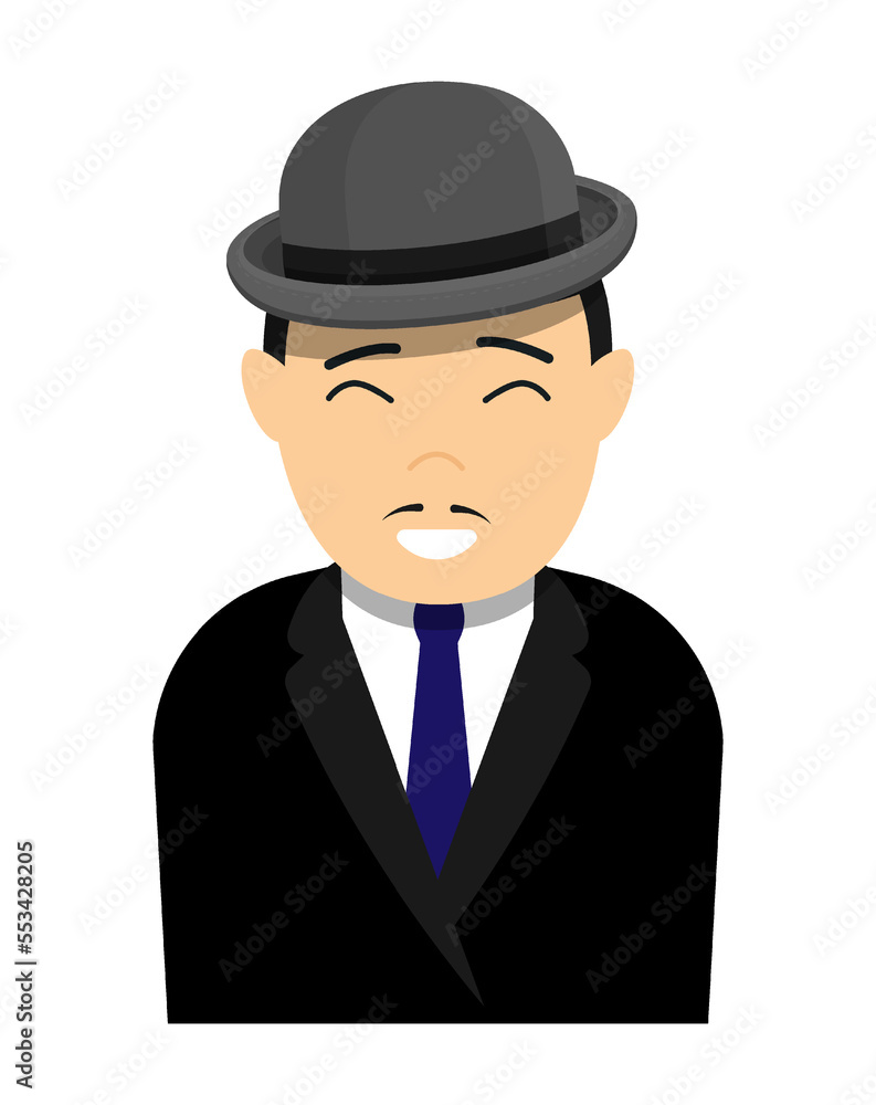 Cheerful japanese asian gentleman in bowler hat and classic jacket with shirt and tie. Cartoon character. Color vector isolated on white background
