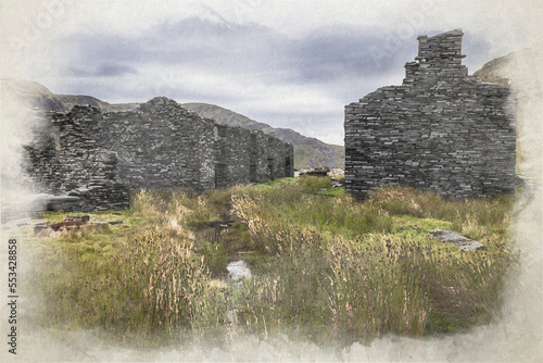 Cwmorthin Slate Quarry digital watercolor painting. photo