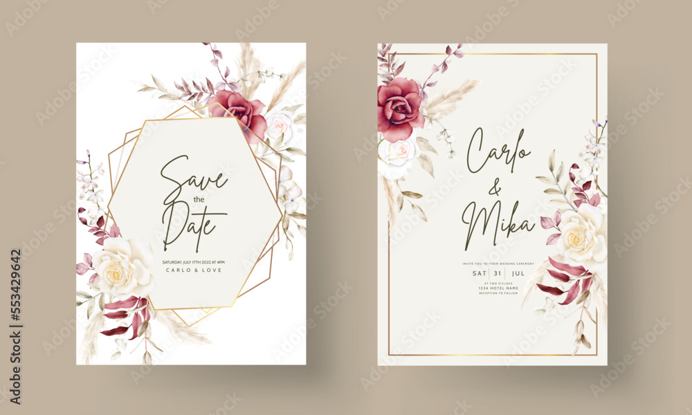 Double sided wedding invitation template with boho watercolor flower