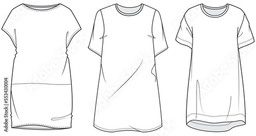 womens short sleeve crew neck t shirt dress flat sketch vector illustration technical cad drawing template