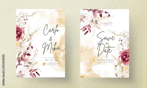 Double sided wedding invitation template with boho watercolor flower