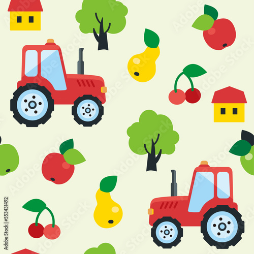 Tractor and fruits agriculture farming  seamless pattern.  Cartoon childish vector pattern with tractor, apple, pear, cherry for wrapping paper, fabric, textile, wallpaper, home decor.
