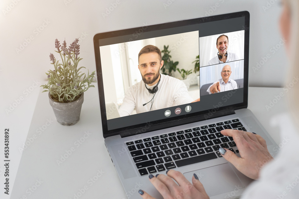 video conference. Multiethnic business team using laptop for a online meeting in video call. Group of people smart working from home