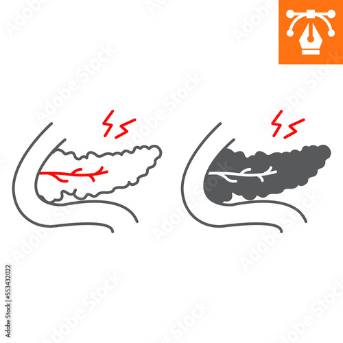 Pancreatitis line and solid icon, outline style icon for web site or mobile app, disease and anatomy, pancreas pain vector icon, simple vector illustration, vector graphics with editable strokes.